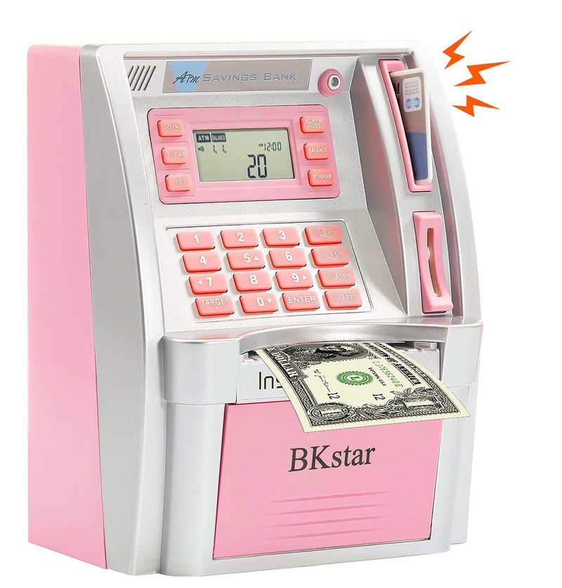 BKstar Kids Talking Pink ATM Piggy Bank with Debit Cards, Power-Off Memory, Auto-Opening Drawer for Real Money for Girls, Onekey Shutdown, Bill Feeder, Coin Recognition, Balance Calculator Machine - Image 1